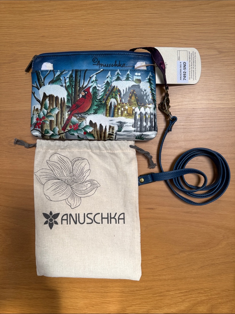 Anuschka Hand-Painted “Snow Day” Cross Body or Clutch/Pouch with Strap NW